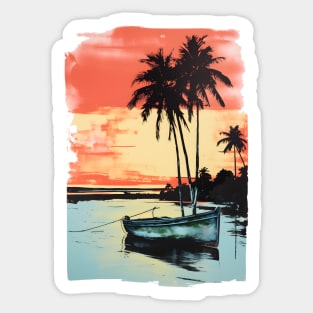 Palm Trees Sunset Tropical Beach Boat Seascape Graphic Sticker